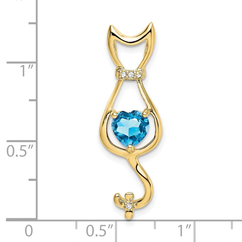 10K Yellow Gold Solid Large Heart Blue Topaz and Diamond Cat Pendant