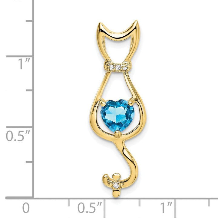 10K Yellow Gold Solid Large Heart Blue Topaz and Diamond Cat Pendant