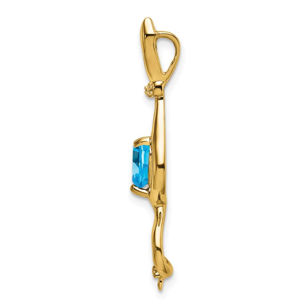 10K Yellow Gold Solid Large Heart Blue Topaz and Diamond Cat Pendant