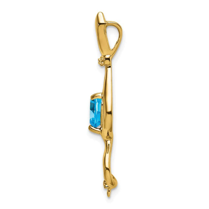 10K Yellow Gold Solid Large Heart Blue Topaz and Diamond Cat Pendant