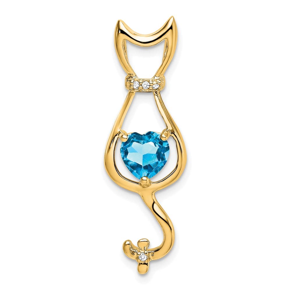 10K Yellow Gold Solid Large Heart Blue Topaz and Diamond Cat Pendant