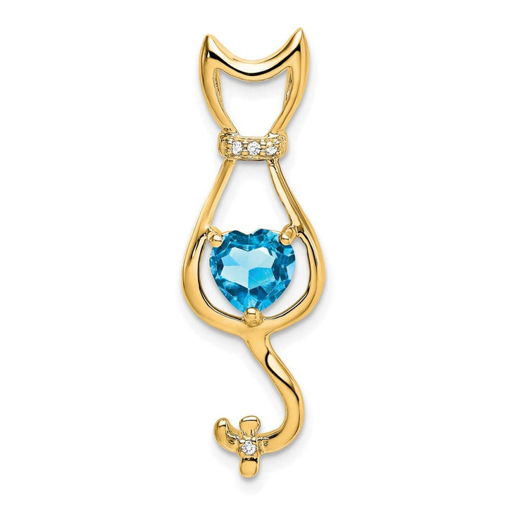 10K Yellow Gold Solid Large Heart Blue Topaz and Diamond Cat Pendant