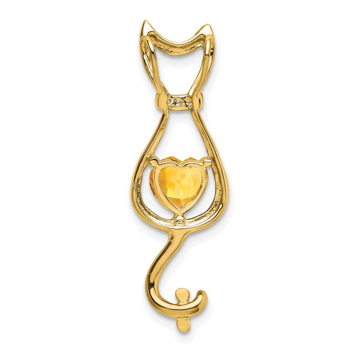 10K Yellow Gold Solid Large Heart Citrine and Diamond Cat Pendant
