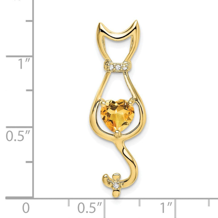 10K Yellow Gold Solid Large Heart Citrine and Diamond Cat Pendant