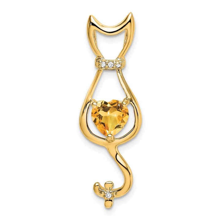 10K Yellow Gold Solid Large Heart Citrine and Diamond Cat Pendant