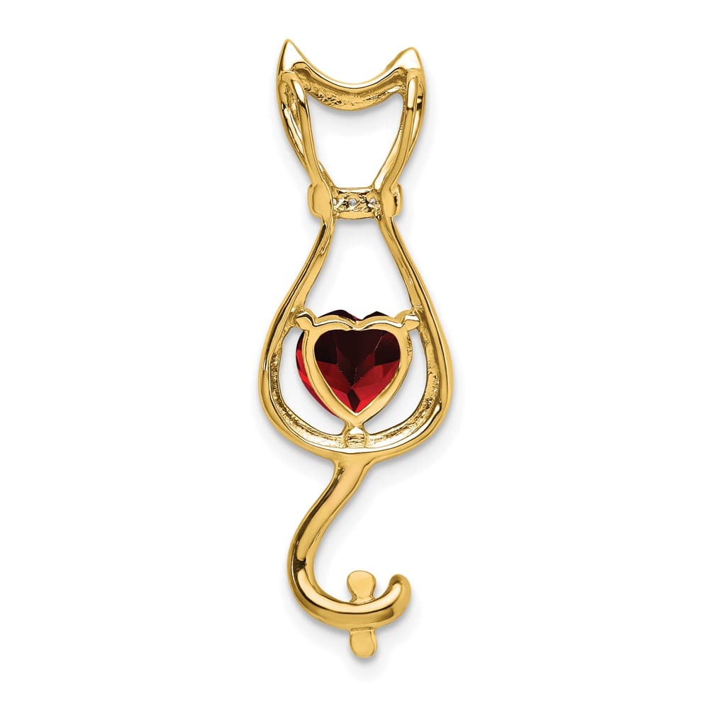 10K Yellow Gold Solid Large Heart Garnet and Diamond Cat Pendant