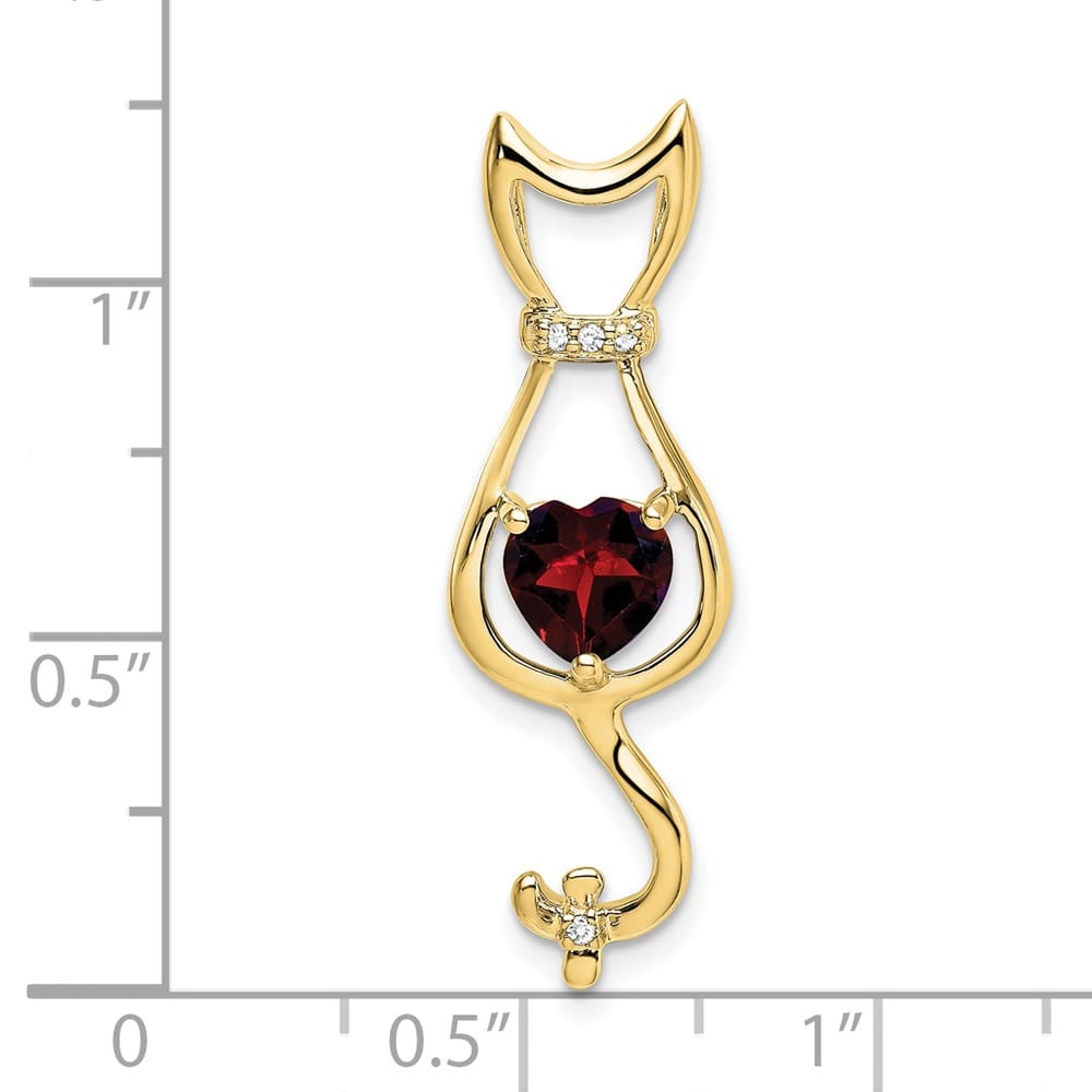 10K Yellow Gold Solid Large Heart Garnet and Diamond Cat Pendant