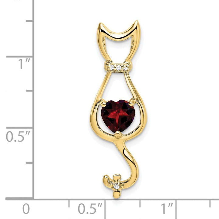 10K Yellow Gold Solid Large Heart Garnet and Diamond Cat Pendant