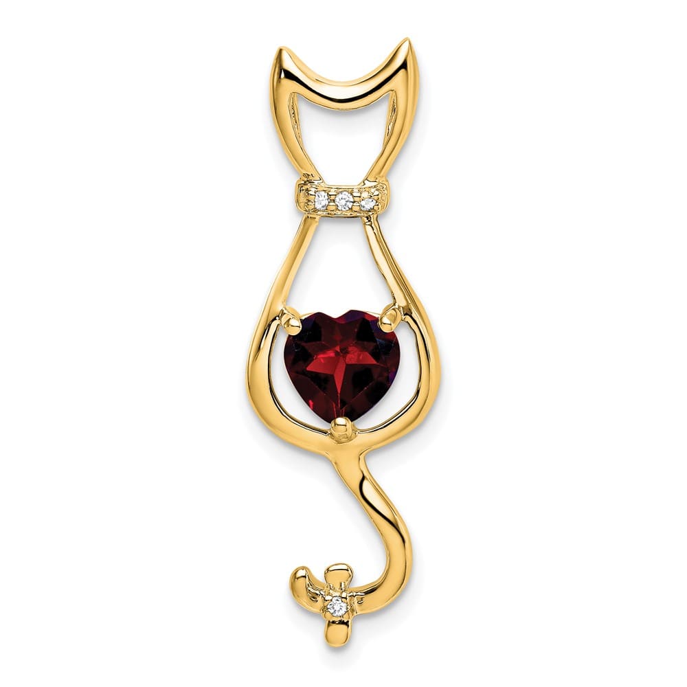 10K Yellow Gold Solid Large Heart Garnet and Diamond Cat Pendant