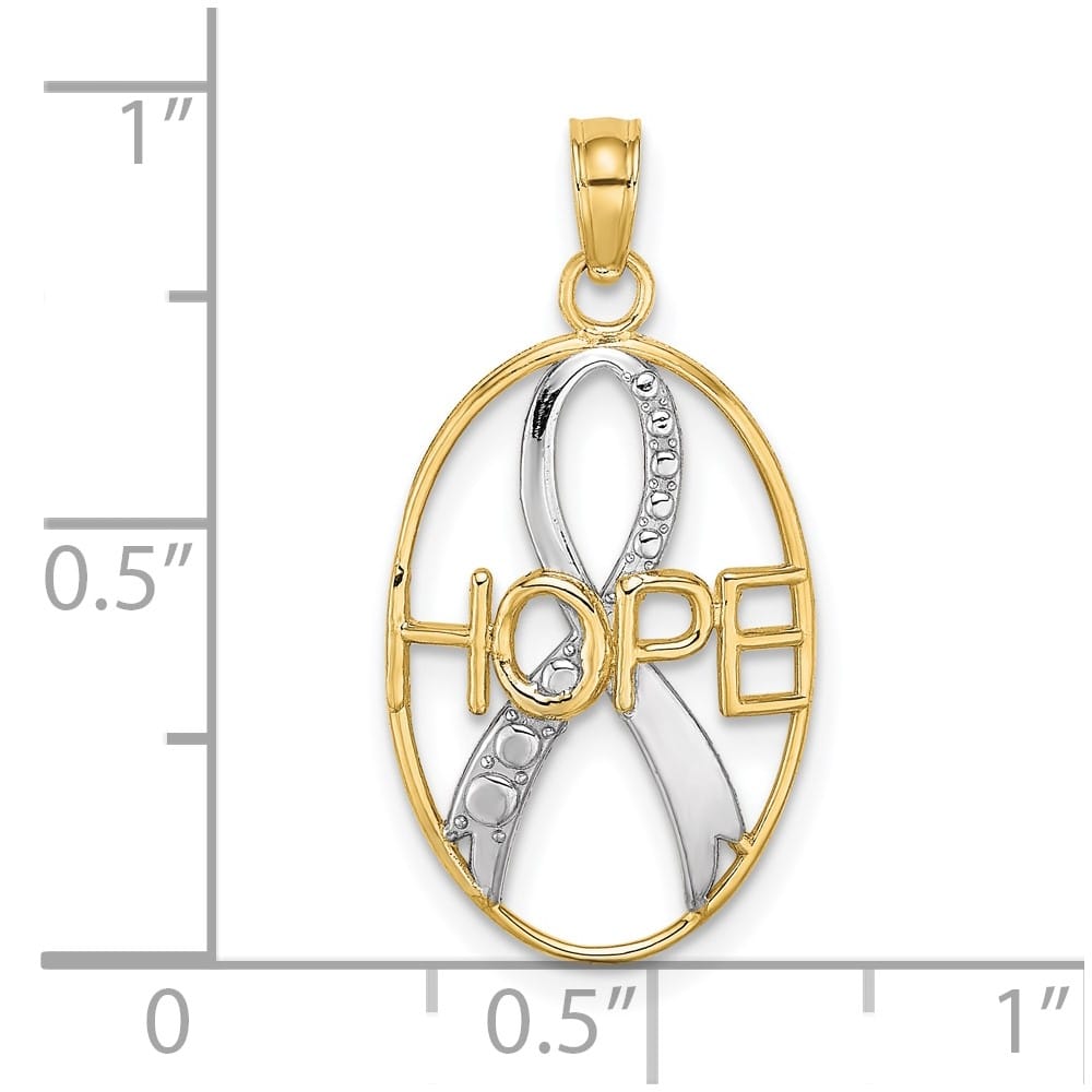10K Yellow Gold Solid Large Hope Awareness Ribbon in Oval Pendant