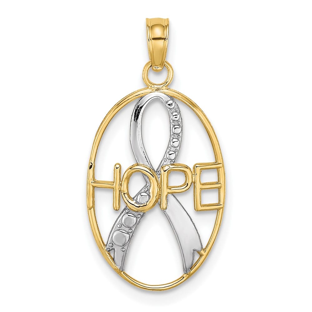 10K Yellow Gold Solid Large Hope Awareness Ribbon in Oval Pendant