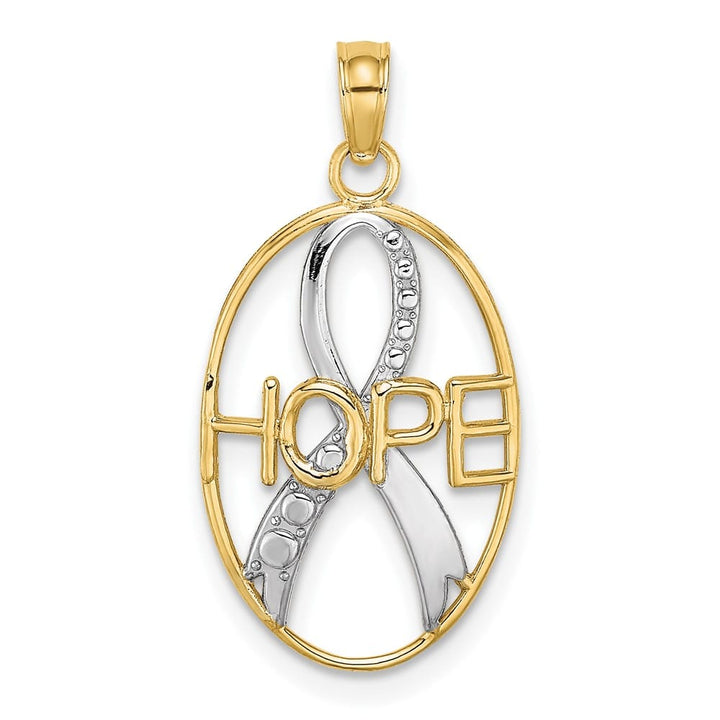 10K Yellow Gold Solid Large Hope Awareness Ribbon in Oval Pendant