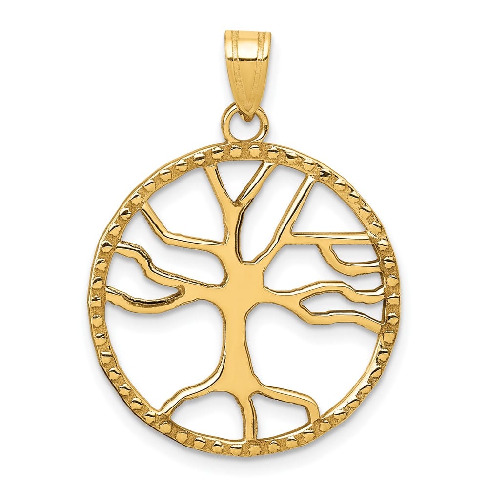 10K Yellow Gold Solid Large Tree of Life in Round Frame Pendant