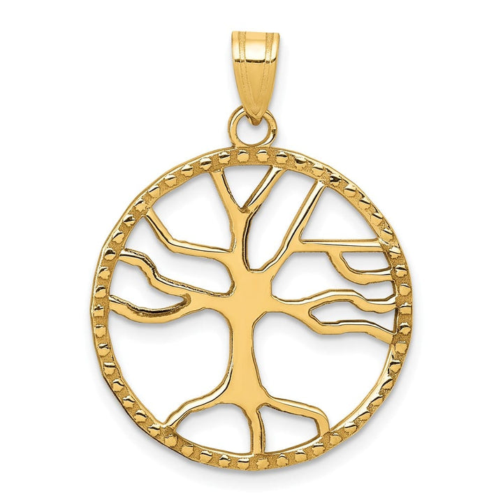 10K Yellow Gold Solid Large Tree of Life in Round Frame Pendant