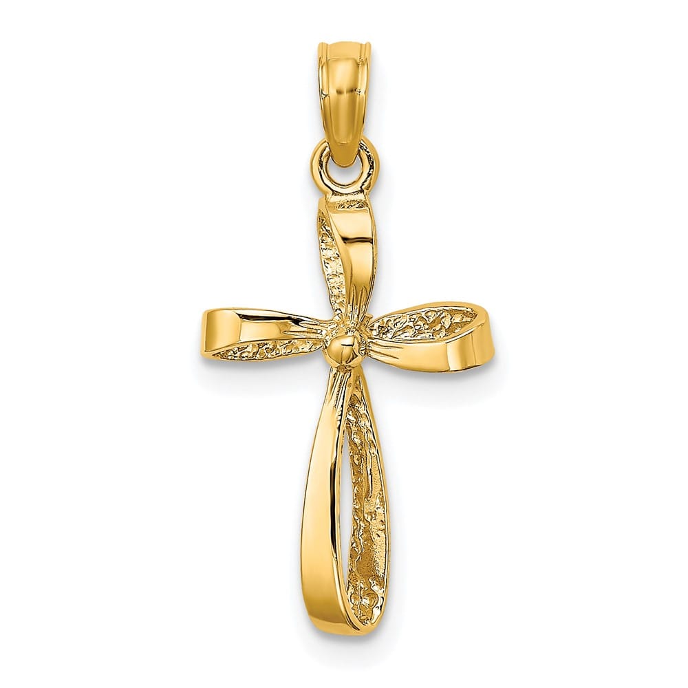 10K Yellow Gold Solid Medium 3-D Engraved Polished Twisted Cross Charm