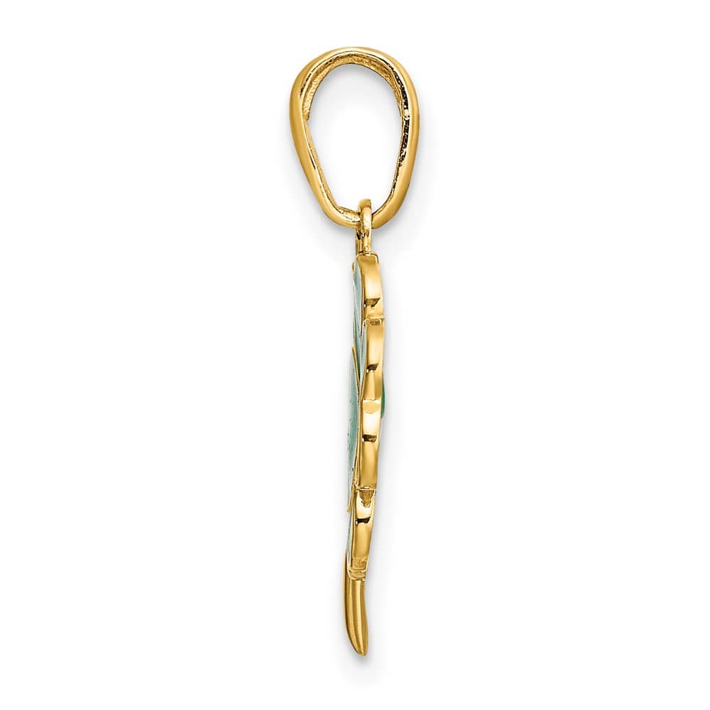 10K Yellow Gold Solid Medium 4-Leaf Clover Green Enameled Pendant