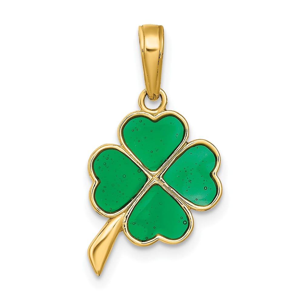 10K Yellow Gold Solid Medium 4-Leaf Clover Green Enameled Pendant