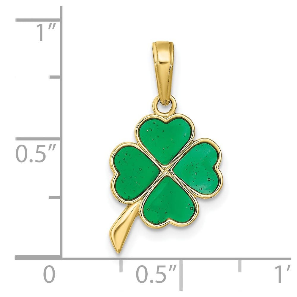 10K Yellow Gold Solid Medium 4-Leaf Clover Green Enameled Pendant