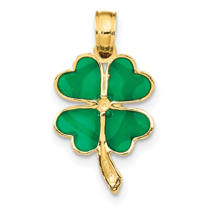 10K Yellow Gold Solid Medium 4-Leaf Clover Green Enameled Pendant