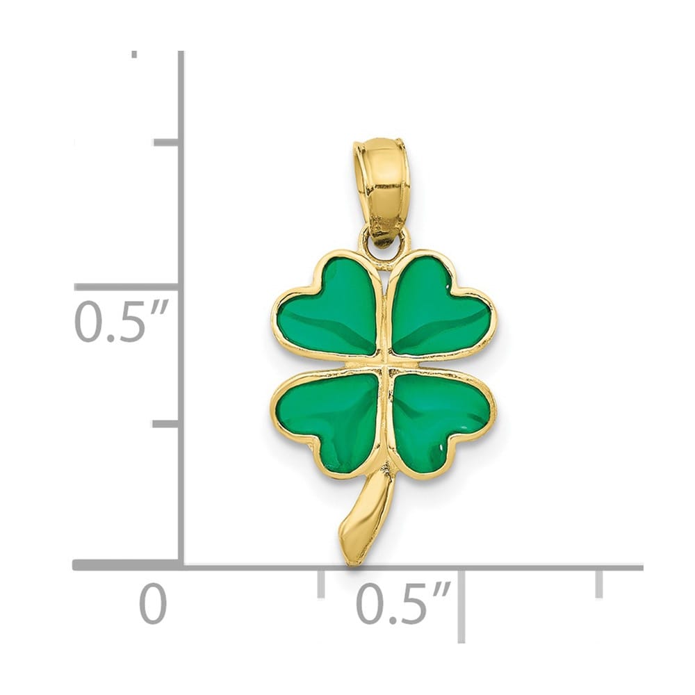10K Yellow Gold Solid Medium 4-Leaf Clover Green Enameled Pendant