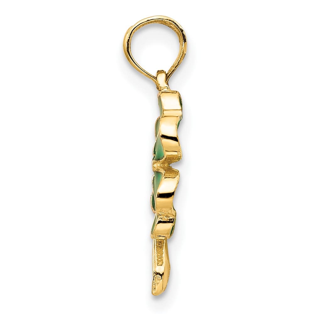 10K Yellow Gold Solid Medium 4-Leaf Clover Green Enameled Pendant
