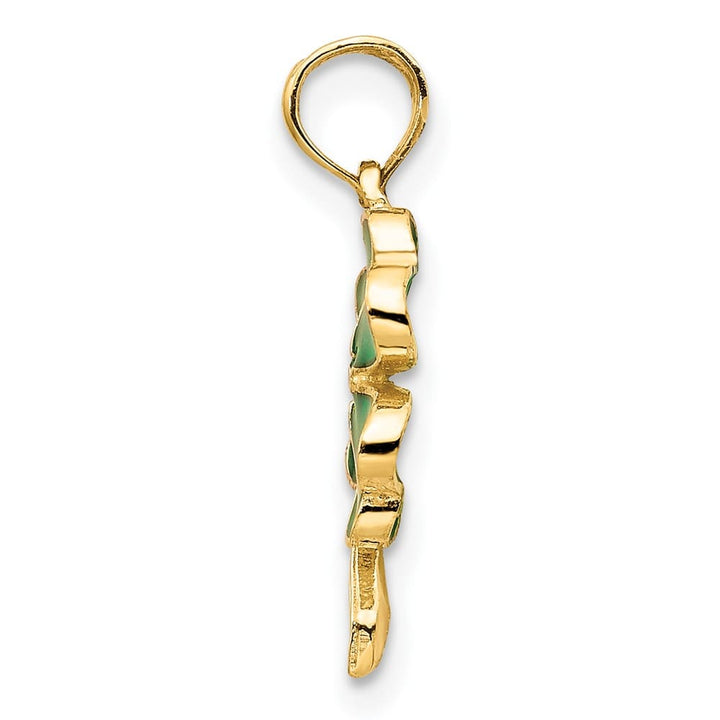 10K Yellow Gold Solid Medium 4-Leaf Clover Green Enameled Pendant