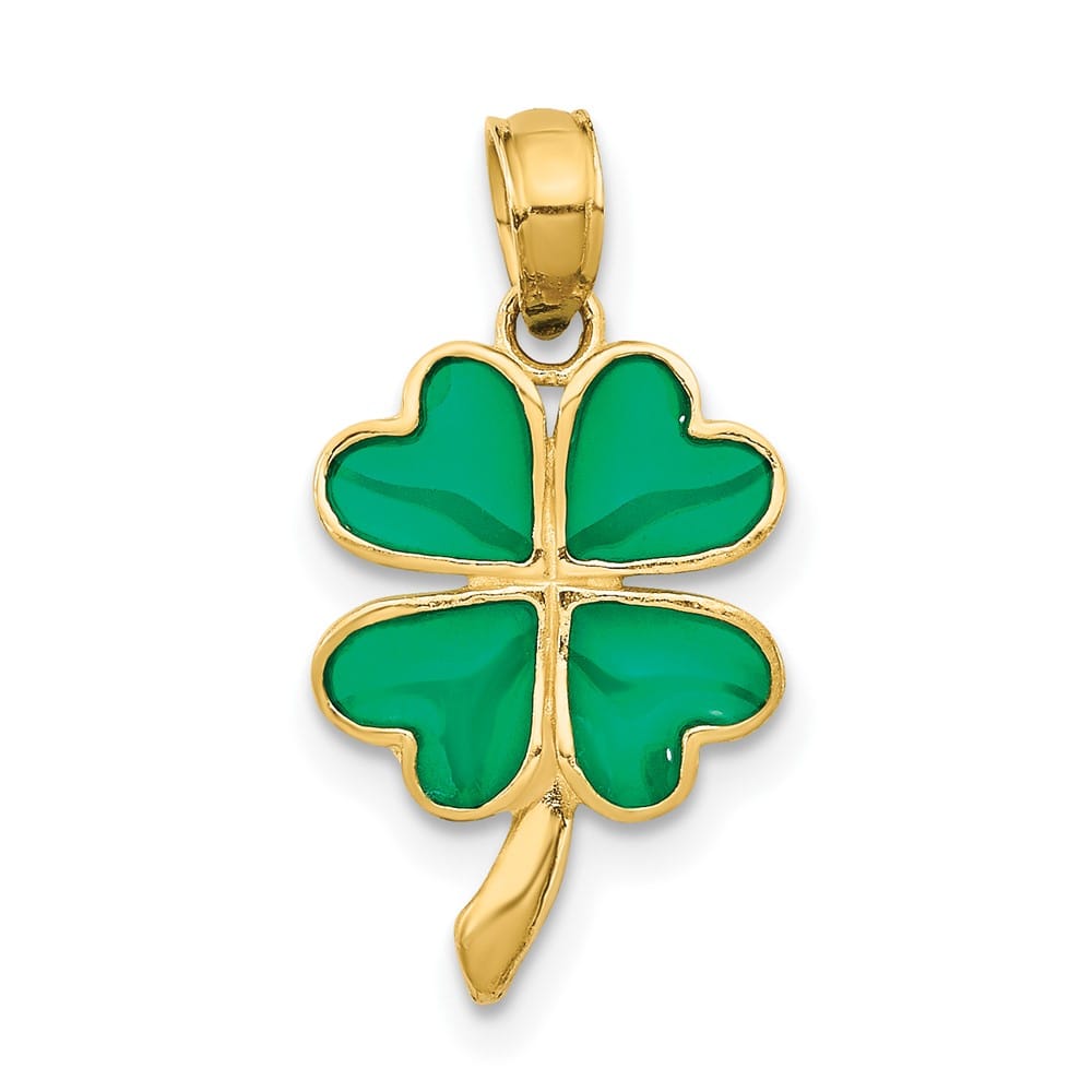 10K Yellow Gold Solid Medium 4-Leaf Clover Green Enameled Pendant