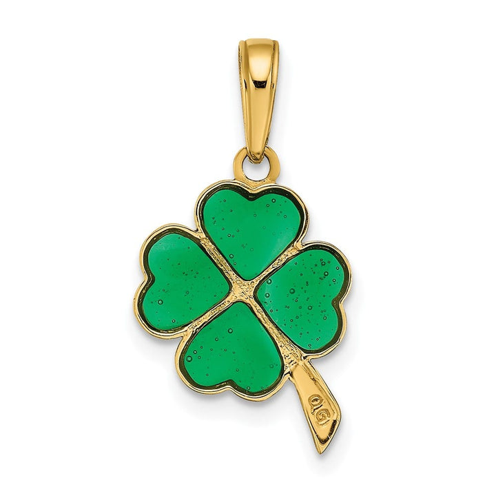 10K Yellow Gold Solid Medium 4-Leaf Clover Green Enameled Pendant