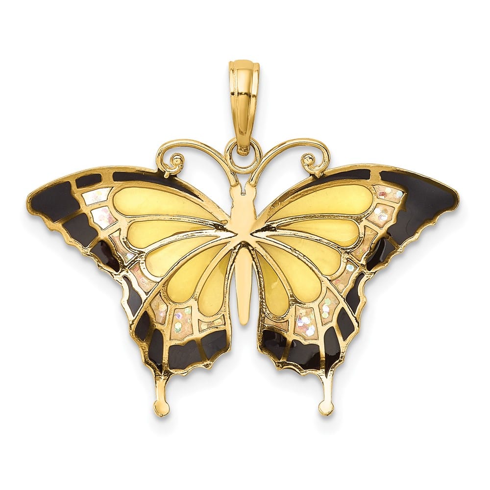 10K Yellow Gold Solid Medium and Black Enameled Butterfly Pendant