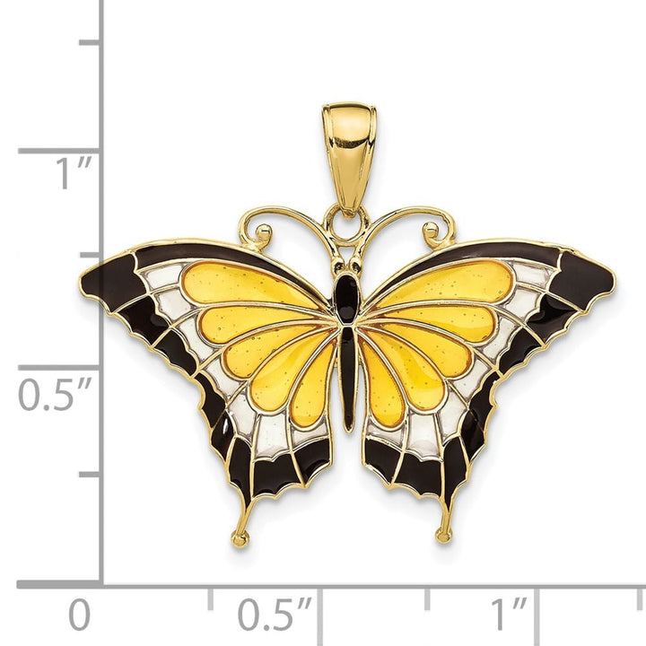 10K Yellow Gold Solid Medium and Black Enameled Butterfly Pendant