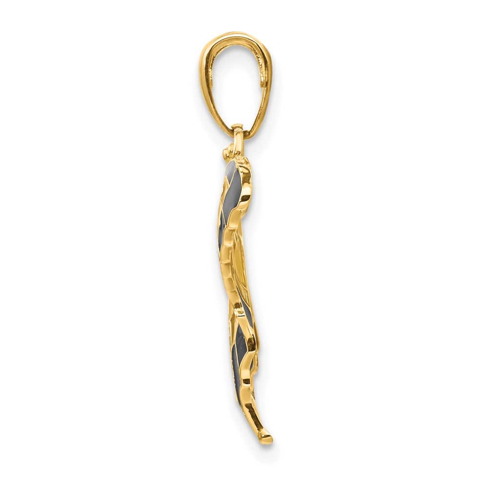 10K Yellow Gold Solid Medium and Black Enameled Butterfly Pendant