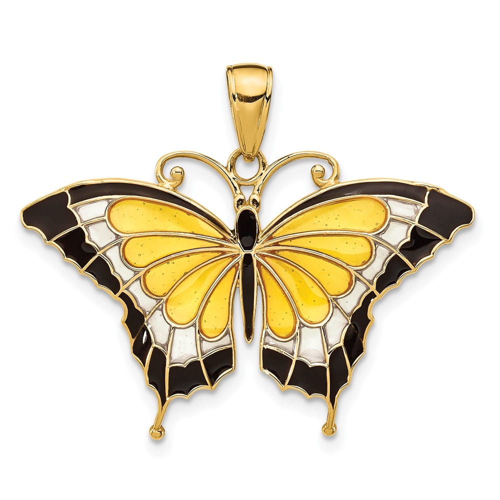 10K Yellow Gold Solid Medium and Black Enameled Butterfly Pendant