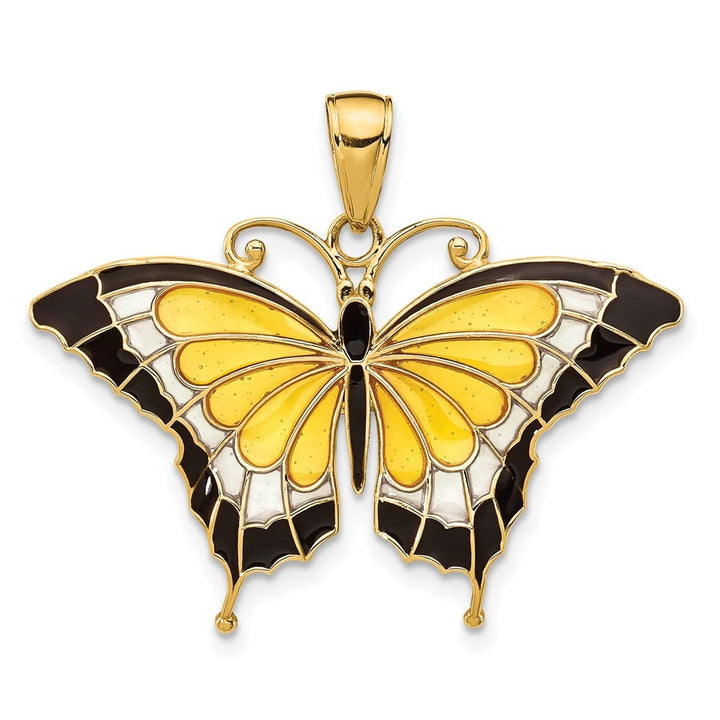 10K Yellow Gold Solid Medium and Black Enameled Butterfly Pendant