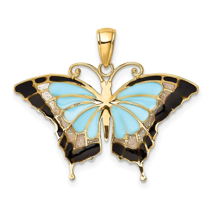 10K Yellow Gold Solid Medium Aqua and Black Enameled Butterfly Pendant