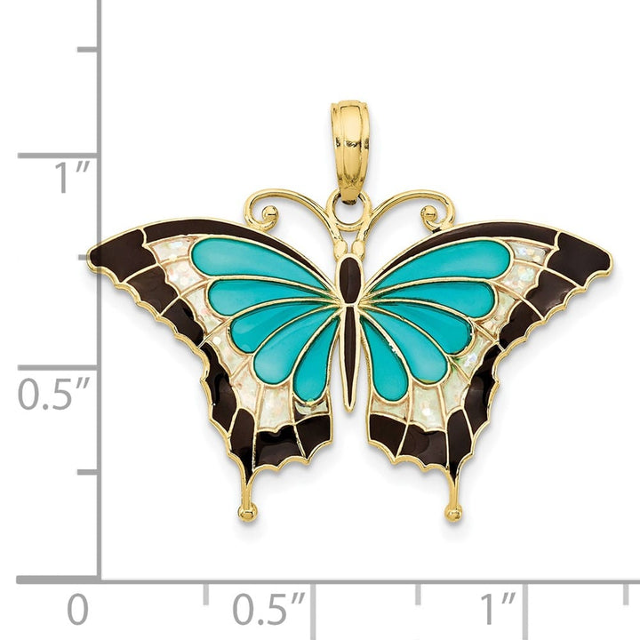 10K Yellow Gold Solid Medium Aqua and Black Enameled Butterfly Pendant