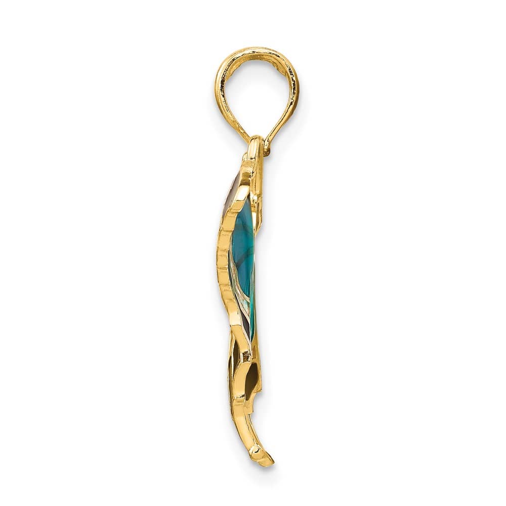 10K Yellow Gold Solid Medium Aqua and Black Enameled Butterfly Pendant