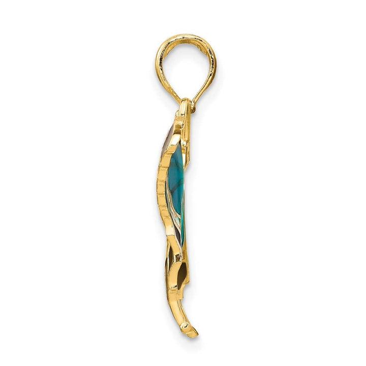 10K Yellow Gold Solid Medium Aqua and Black Enameled Butterfly Pendant