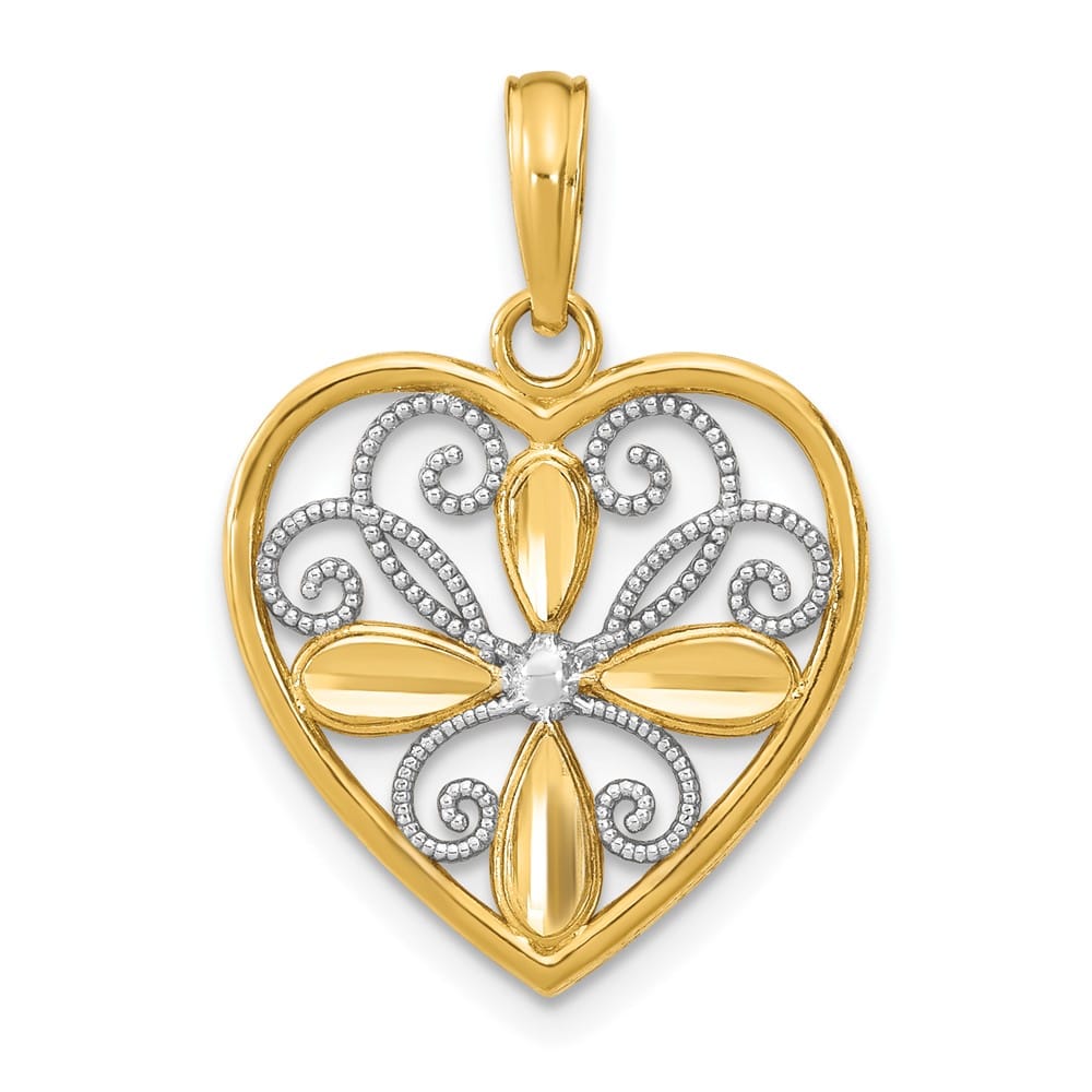 10K Yellow Gold Solid Medium Beaded Filigree Fashion Heart Charm