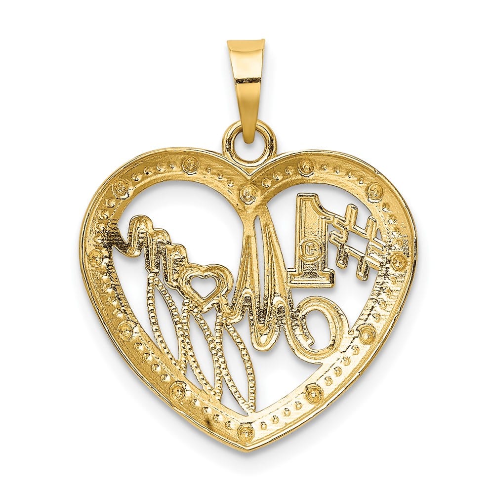 10K Yellow Gold Solid Medium Beaded Trim #1 MOM in Heart Charm