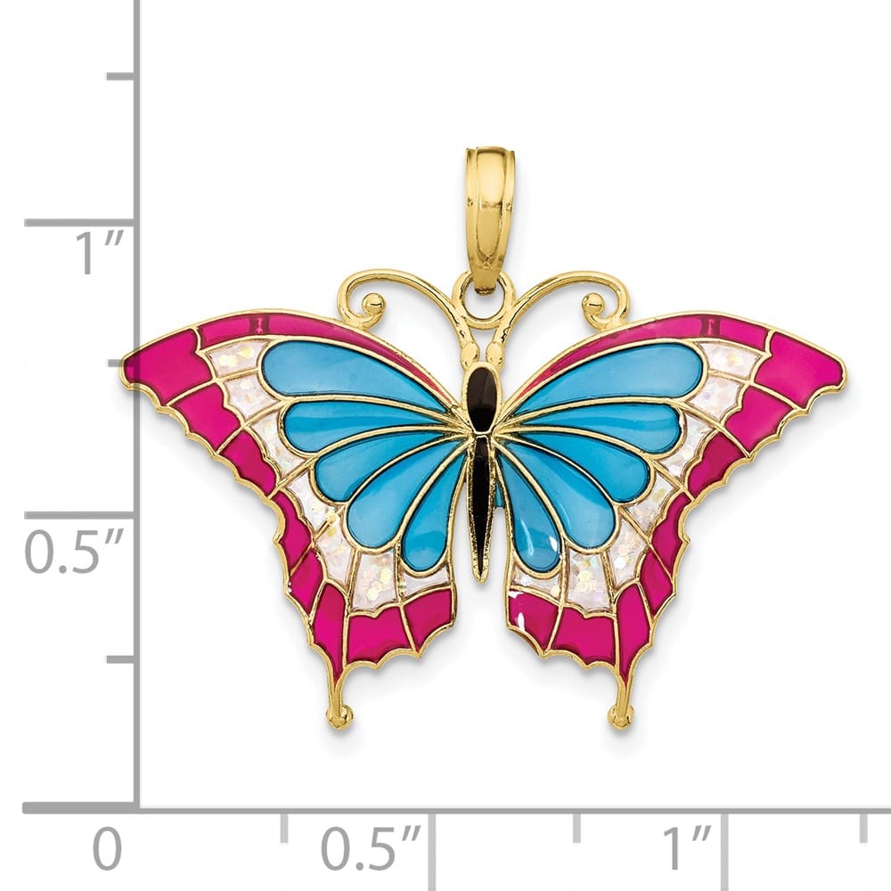 10K Yellow Gold Solid Medium Blue and Red Enameled Butterfly Pendant