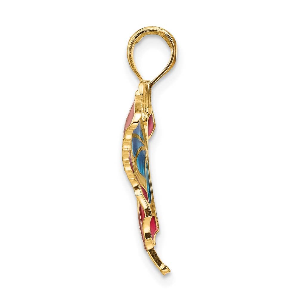 10K Yellow Gold Solid Medium Blue and Red Enameled Butterfly Pendant
