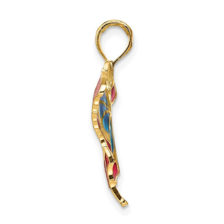10K Yellow Gold Solid Medium Blue and Red Enameled Butterfly Pendant