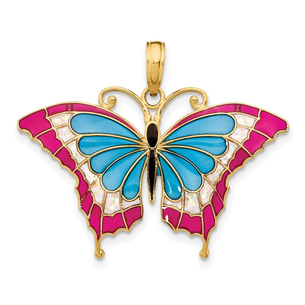10K Yellow Gold Solid Medium Blue and Red Enameled Butterfly Pendant