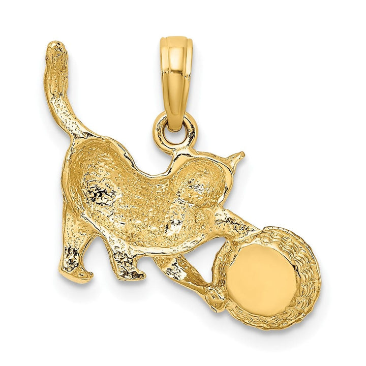 10K Yellow Gold Solid Medium Cat Playing with Yarn in Basket Charm