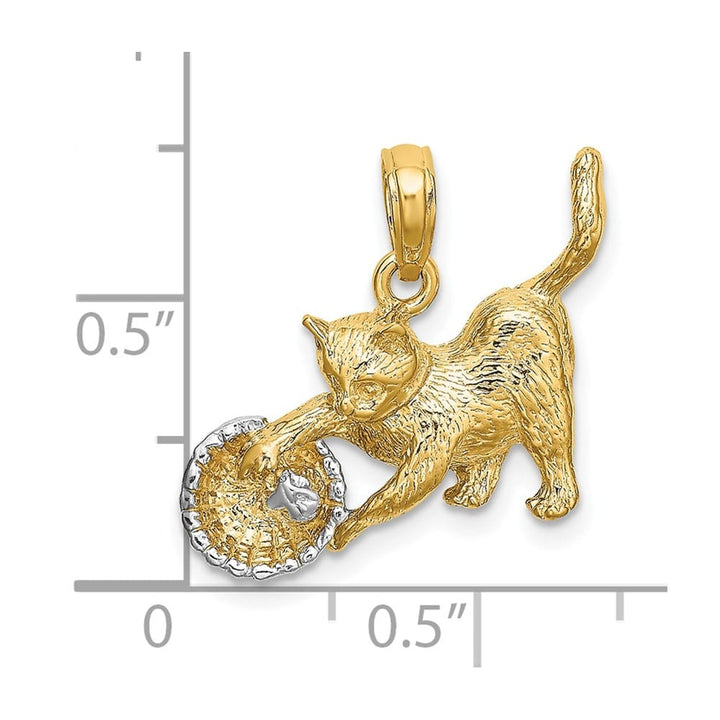 10K Yellow Gold Solid Medium Cat Playing with Yarn in Basket Charm