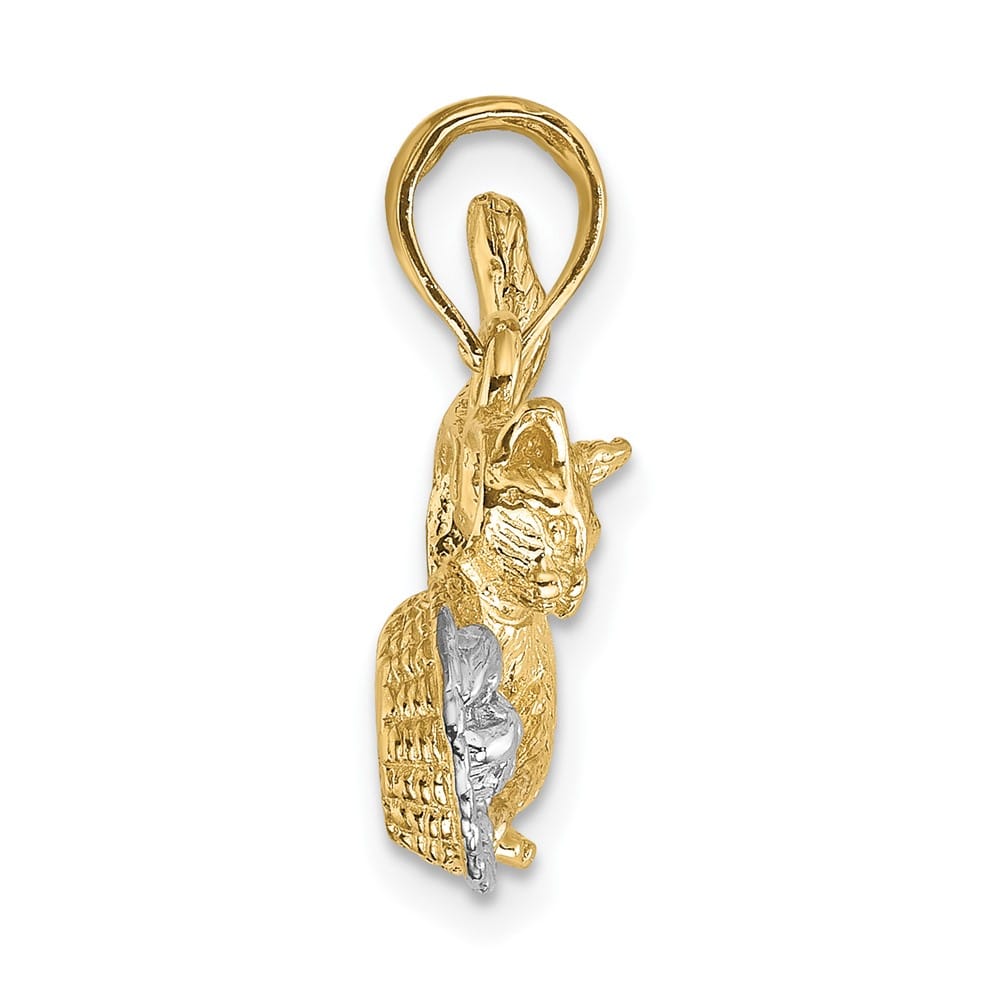10K Yellow Gold Solid Medium Cat Playing with Yarn in Basket Charm