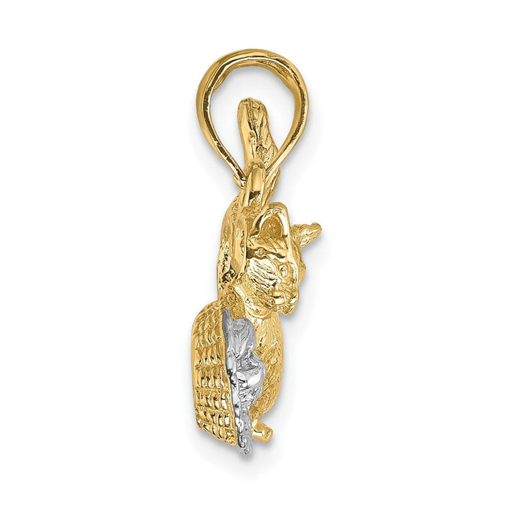 10K Yellow Gold Solid Medium Cat Playing with Yarn in Basket Charm