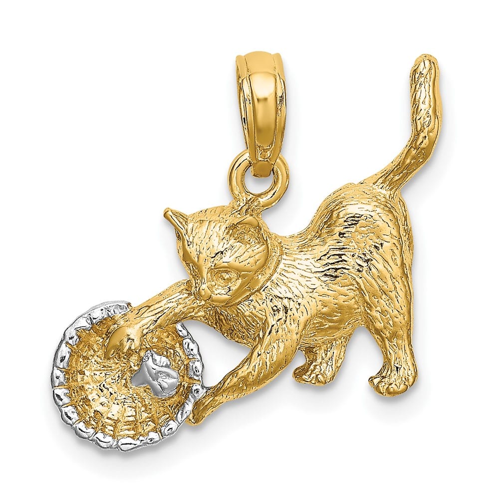 10K Yellow Gold Solid Medium Cat Playing with Yarn in Basket Charm