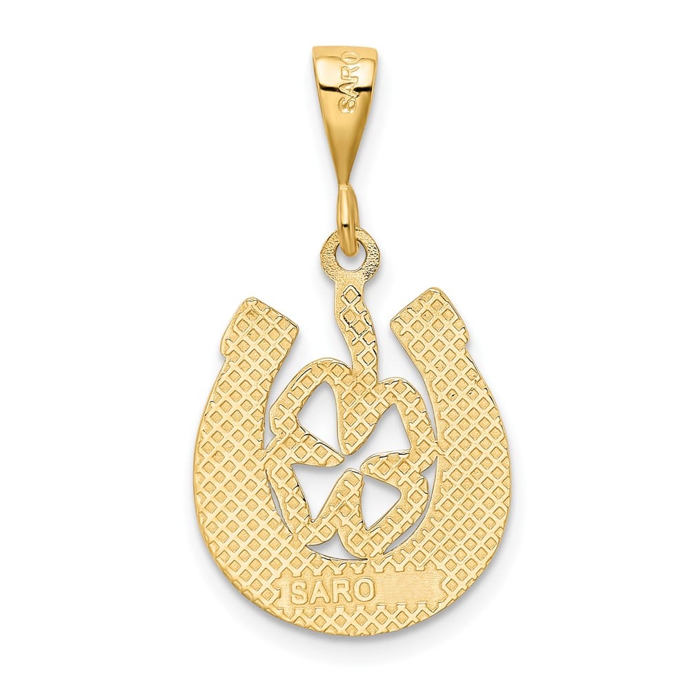 10K Yellow Gold Solid Medium Good Luck Horseshoe and Clover Pendant