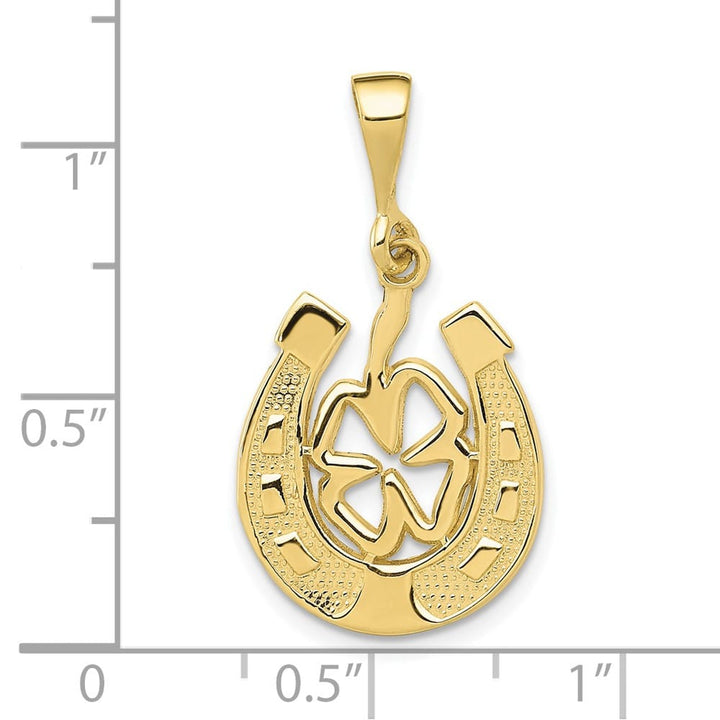 10K Yellow Gold Solid Medium Good Luck Horseshoe and Clover Pendant